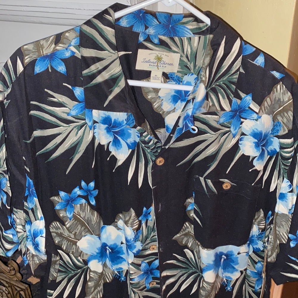 Island Shores blue flowered on brown washable silk.